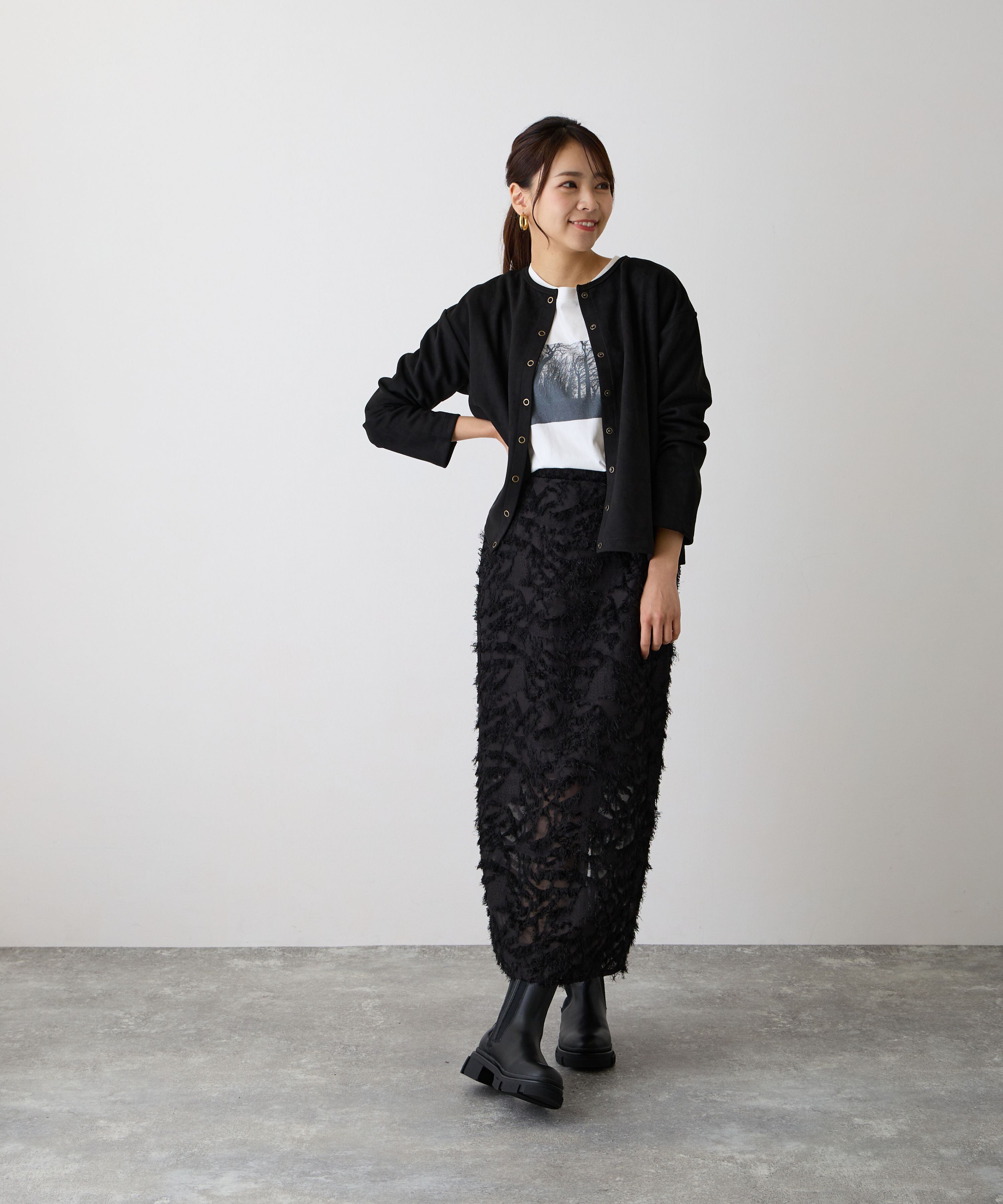 No.58510 フェイクスエードカーディガン Black | エルキカク
