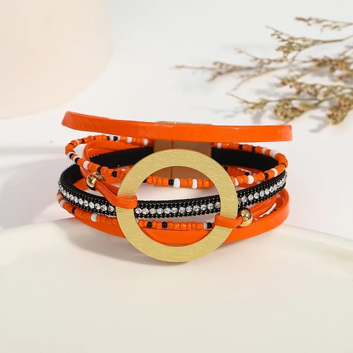 ブレスレット  クリスタル ゴールド サークル チェーン レザー ビーズ レディース BOHO カラー シード 種