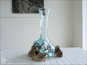 硝子フラワーベースSin01 花瓶 プリミティブガラスベース 手作り 一輪挿し 一点物 ハンドメイド 無垢材 自然な様