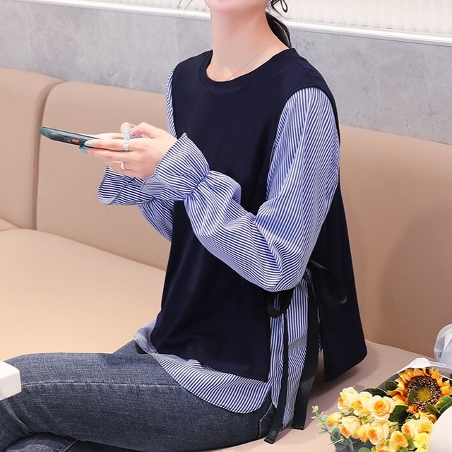 トップス シャツ カットソー 袖あり 長袖 フレアスリーブ ラウンドネック ストレート Iライン 切り替えデザイン ドッキング リボン 薄手 かわいい 大人可愛い きれいめ シンプル 大人 上品 おしゃれ お洒落 レトロ 大人可愛い 大人女子 ラブリー キュート ガーリー 存在感 抜け感 ストライプ 春 秋 10代 20代 30代 40代 レディース 女性用 ママ OL 通勤 通学 デート お出かけ 女子会 休日 イベント 旅行 着回し 普段使い モテ S M L XL 2XL
