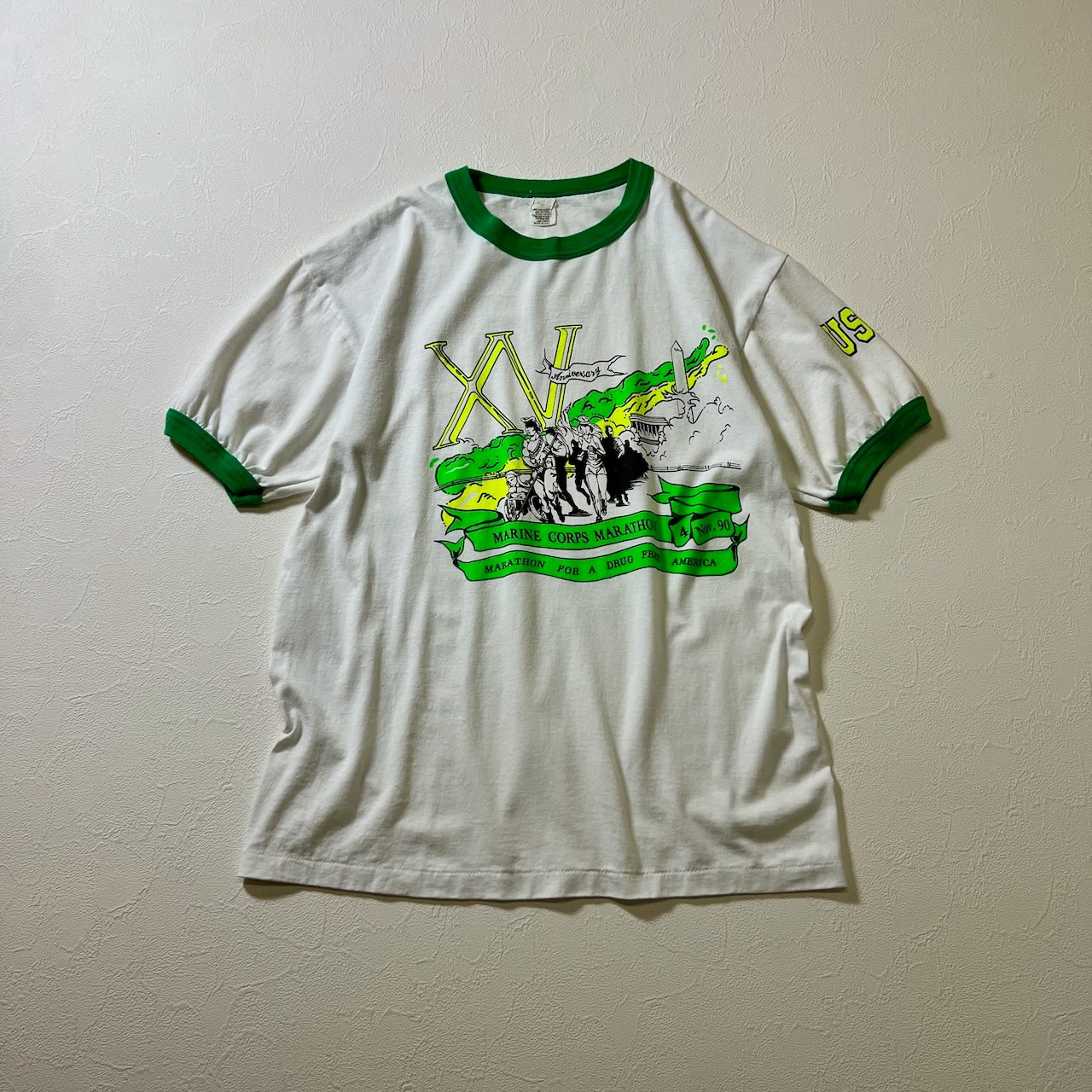 80s〜90s USA USMC リンガー Tシャツ ホワイト グリーン 古着