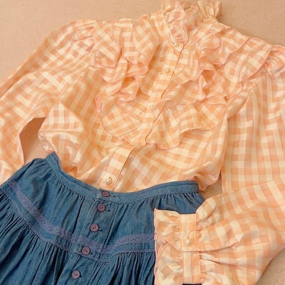 pink check frill stand collar blouse