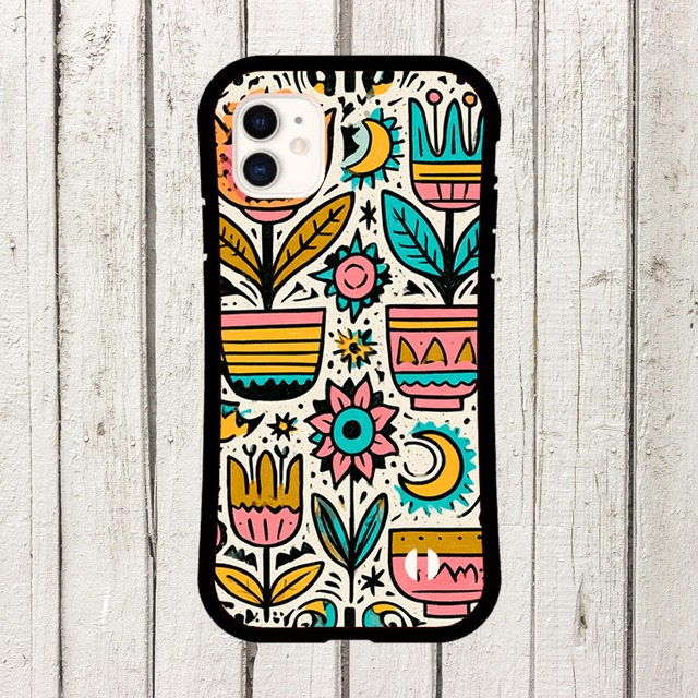 受注生産 iPhoneケース 花瓶と花のカラフル民芸柄｜ボタニカル PSYF052B