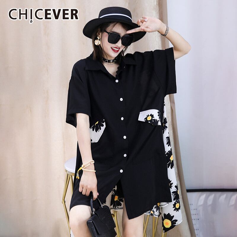 CHICEVERプリントシャツレディースラッペルカラー半袖非対称パッチワークヒットカラーポケットブラウス2020夏 ショート ハーフスリーブ サマー 夏物 6base552164485362