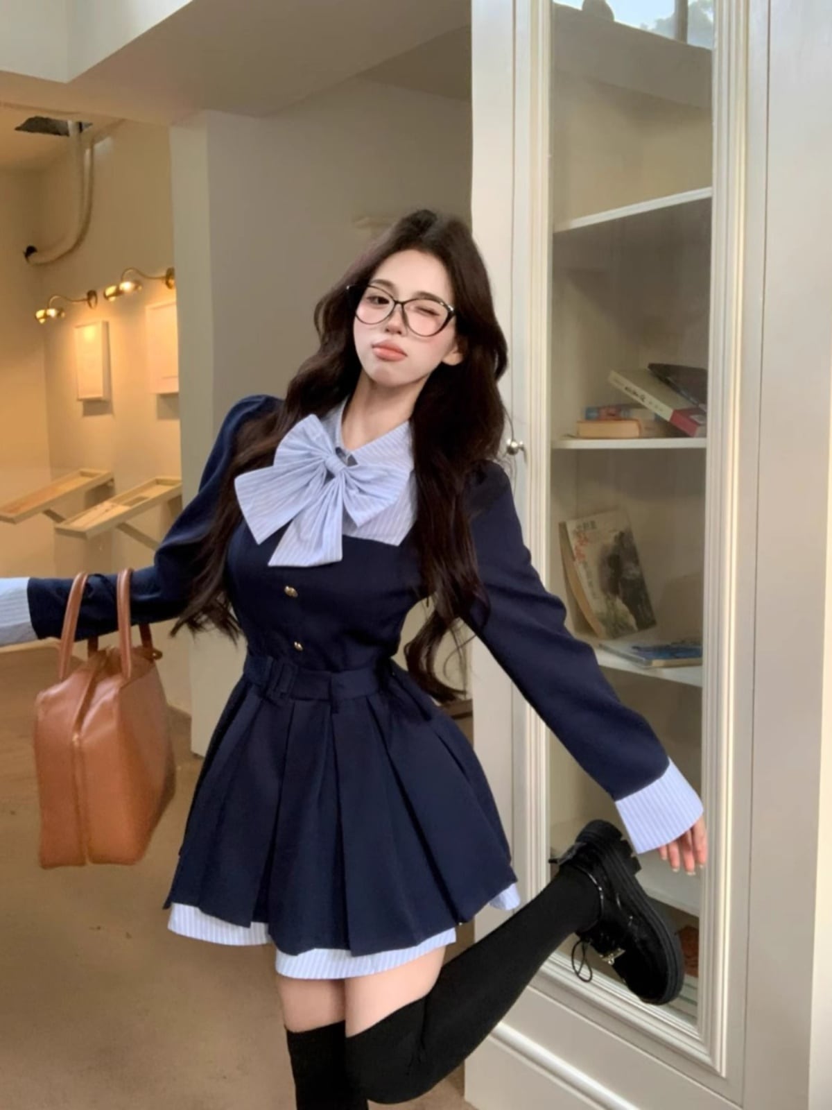 Myurina 学生服風リボンフレアミニワンピース ワンホン 韓国 長袖