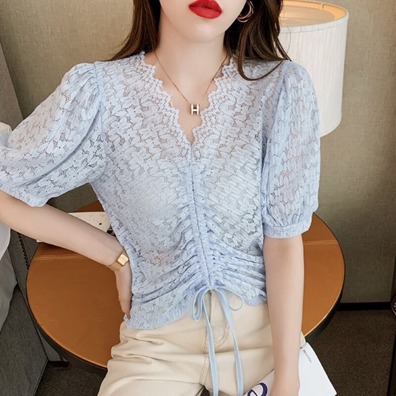 レースシャツ サマースタイルVネックスリーブスリムトップス 夏物 ハンチェンe72491340738