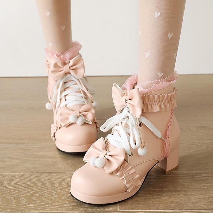 3色／レースアップフリルリボンショートブーツ ・28613