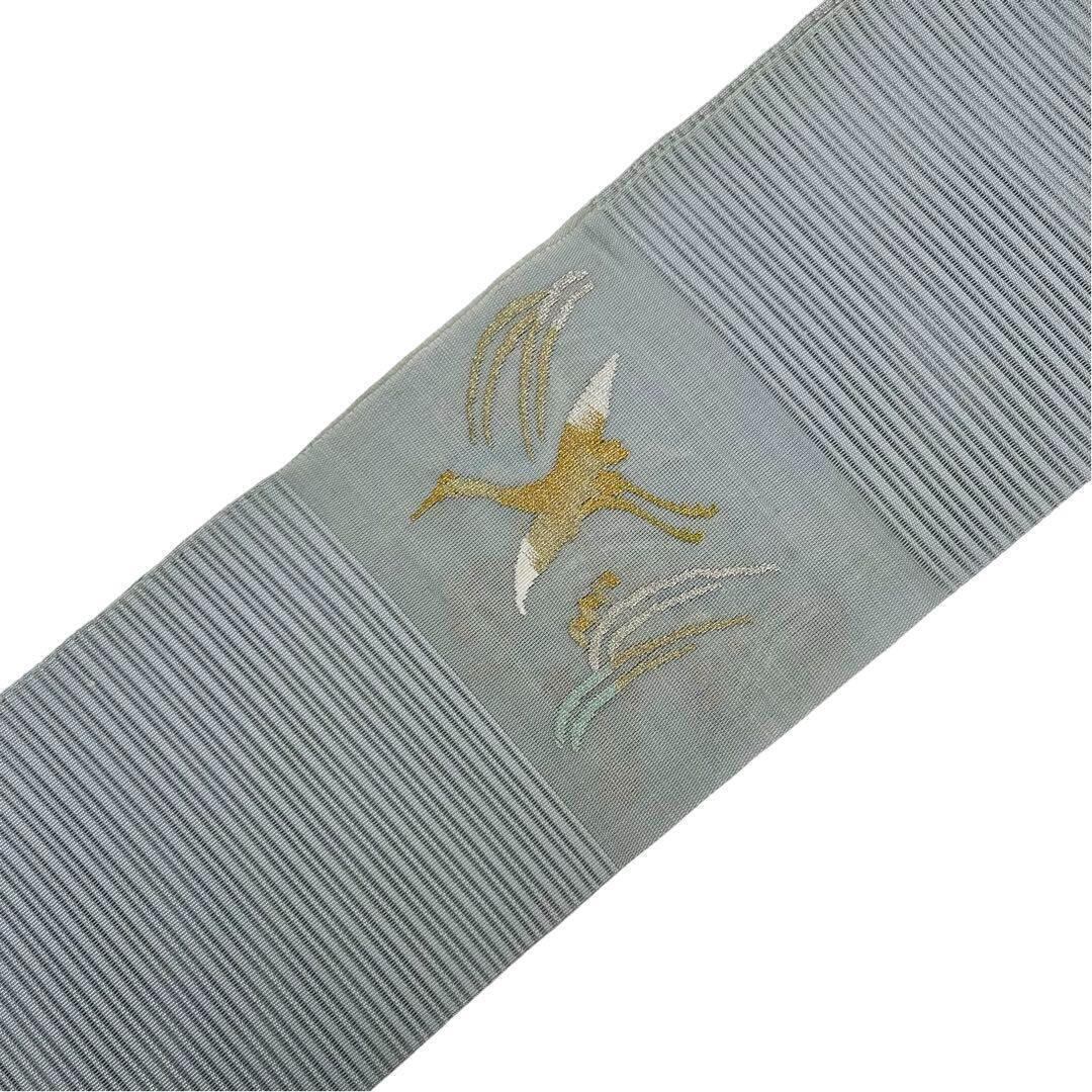 夏帯 名古屋帯 絽綴れ 飛翔鶴模様 金銀糸 薄砧青磁色 O-3666 夏帯 名古屋帯 絽綴れ 飛翔鶴模様 金銀糸 薄砧青磁色 O-3666