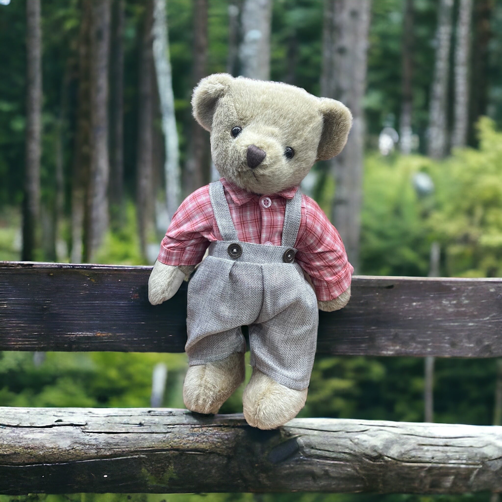 【昭和レトロ】ベージュのチェック柄のくまのぬいぐるみ くま ぬいぐるみ｜チェック柄ドレス姿のくまのぬいぐるみ くま|くま