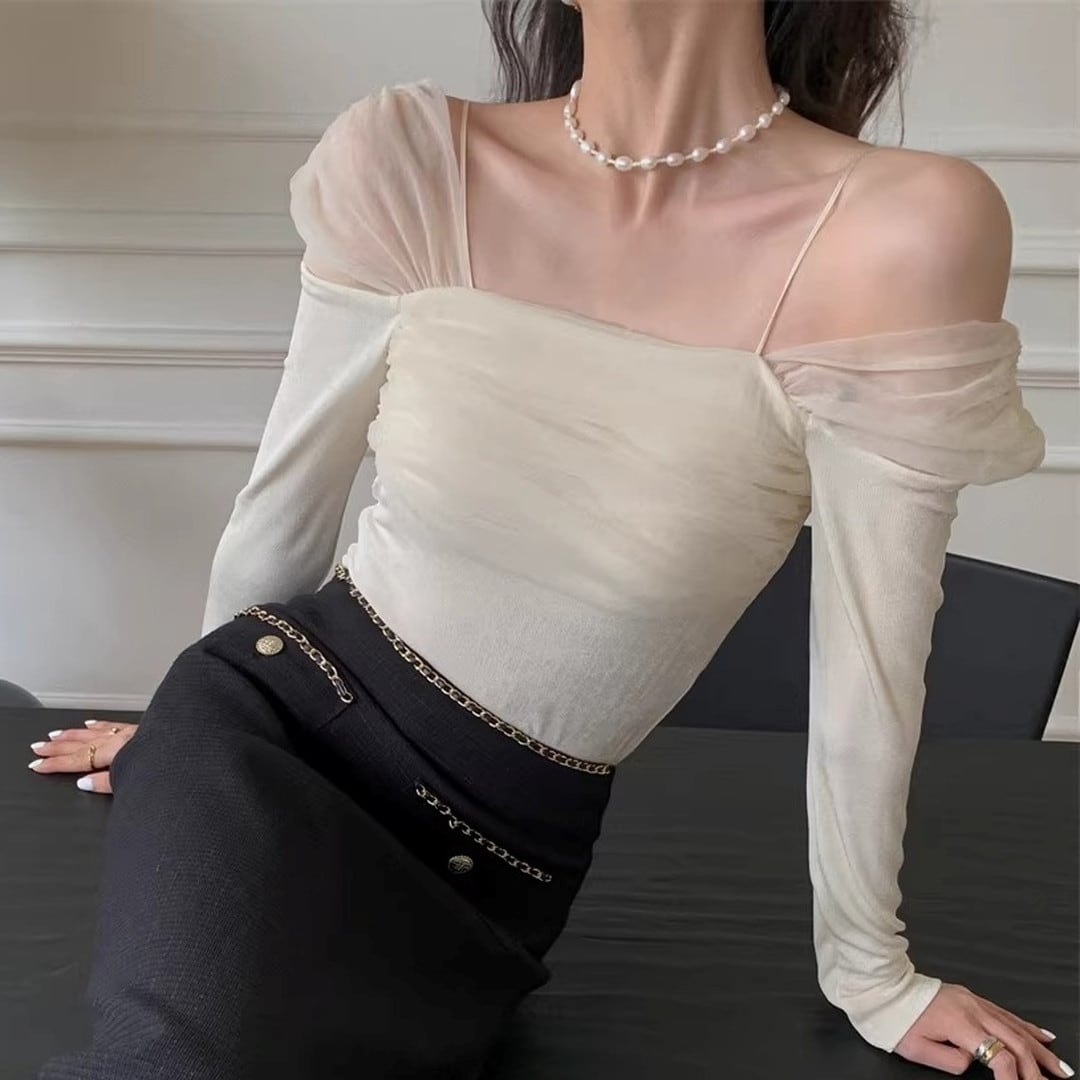 Off-Shoulder Long Sleeve Top(2color) V3236