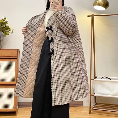 2色/3連リボンチェック柄ロングコート ・12513