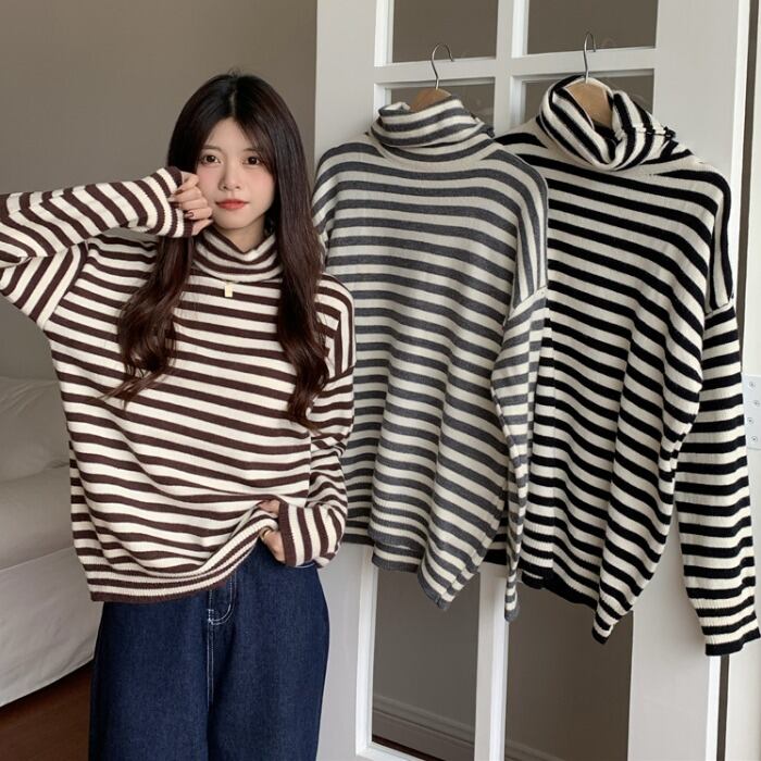 セーター ルーズオータムウィンタースタンダードカラーストライプトップス レトロ 秋物 冬物 1号婦人20970205557