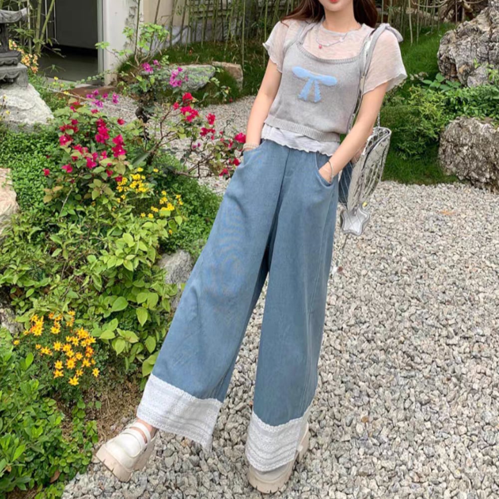 裾レース ワイドデニムパンツ Y 10940 | Raglana 裾レース ワイドデニムパンツ Y 10940 | Raglana