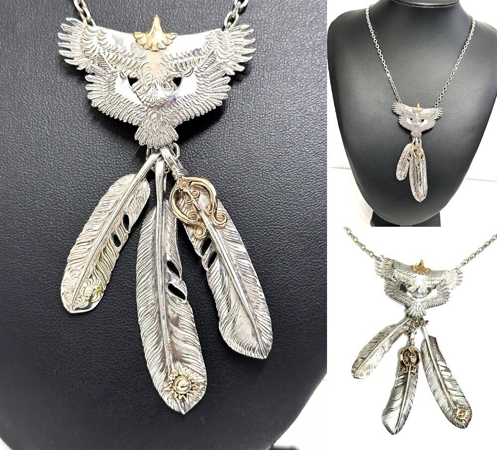 ARIZONA FREEDOM アリゾナフリーダム K18 x 925 イーグル フェザー ペンダント ネックレス 希少 セット 大 金 ゴールド シルバー 太陽神 頭金