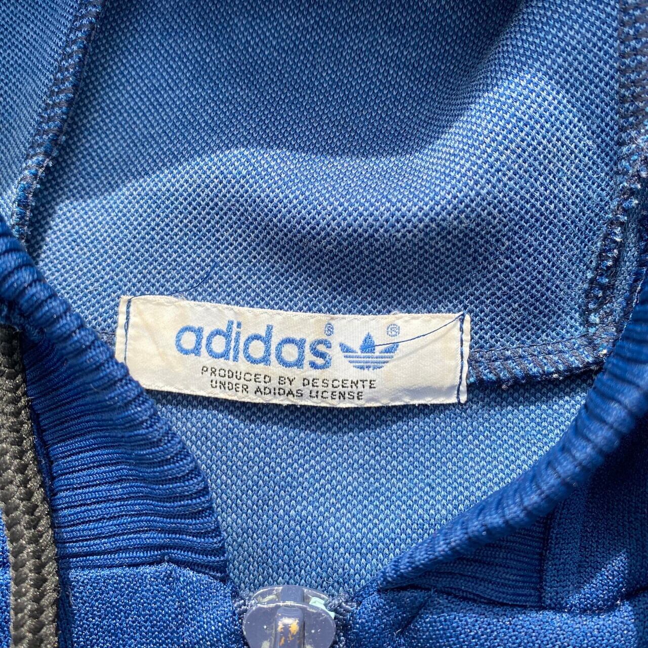 年代 DESCENTE製 adidas アディダス トレフォイルロゴ 刺繍 ハーフジップ プルオーバー ジャージパーカー メンズL相当 古着  トラックジャケット デサント s ヴィンテージ ビンテージ ネイビー 紺色 ジャージ・トラックジャケット   cave