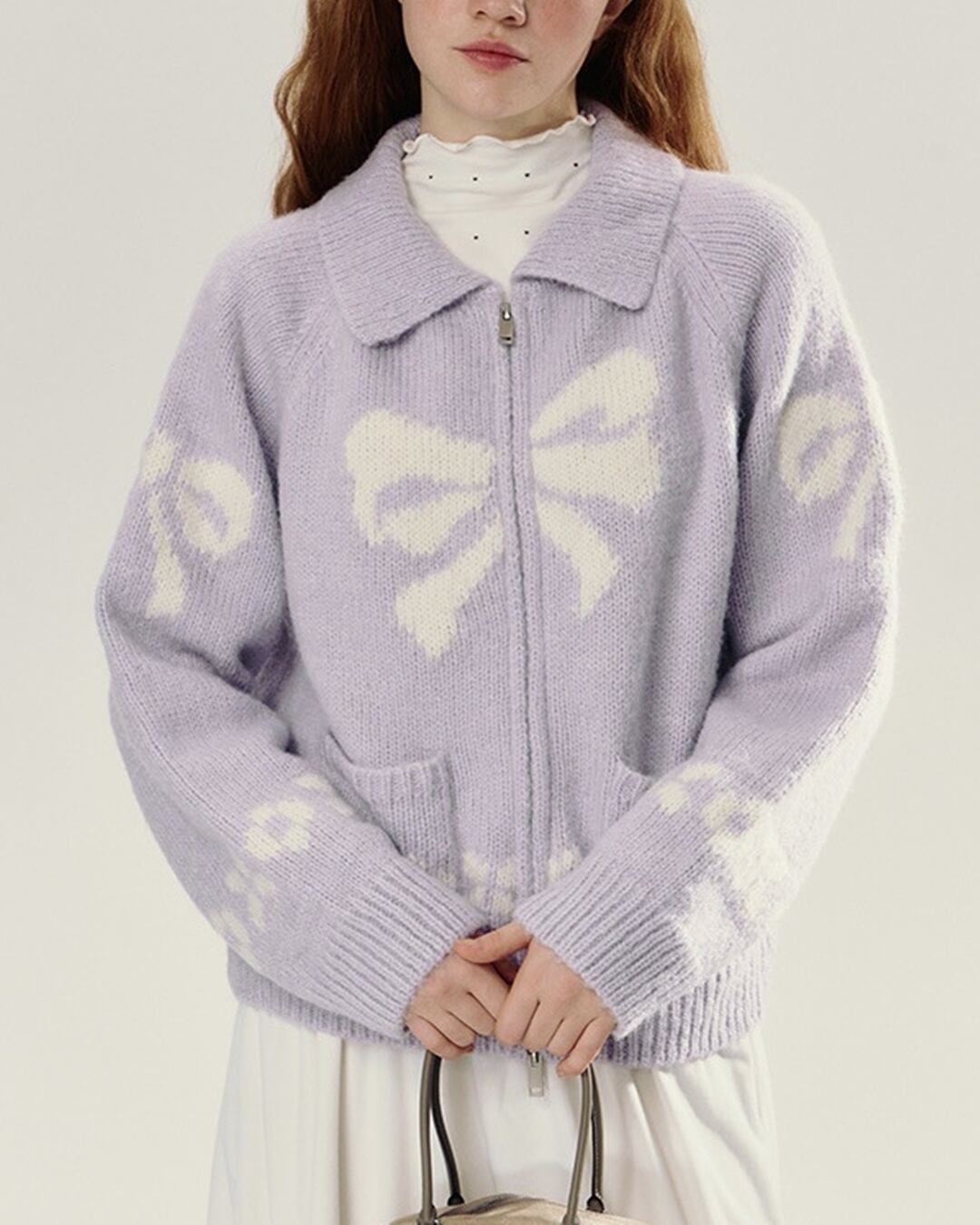 リボンニットジップアップカーディガン 24W10067