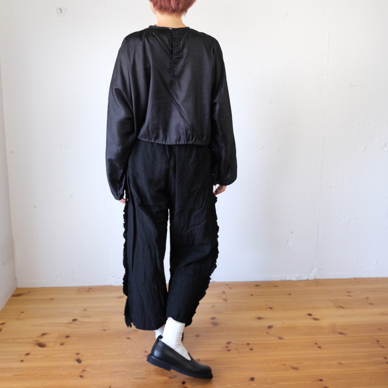 Gauze#(ガーゼ) リネンヴィスコース サイドフリルパンツ LINEN VISCOSE VIVIENNE PANTS：グレー