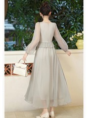 【0259】Square Neck Frill Chiffon Long Sleeve Dress