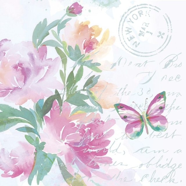 【Maki】バラ売り2枚 ランチサイズ ペーパーナプキン Pink Watercolour Flowers with Butterfly ピンク