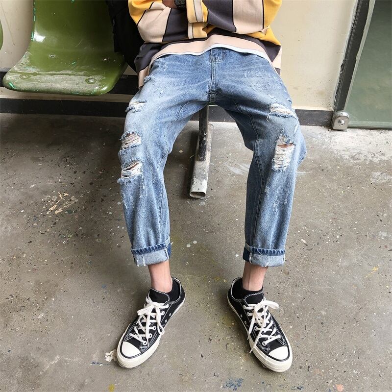 全1色 デニム パンツ ストレート カジュアル ダメージ おしゃれ