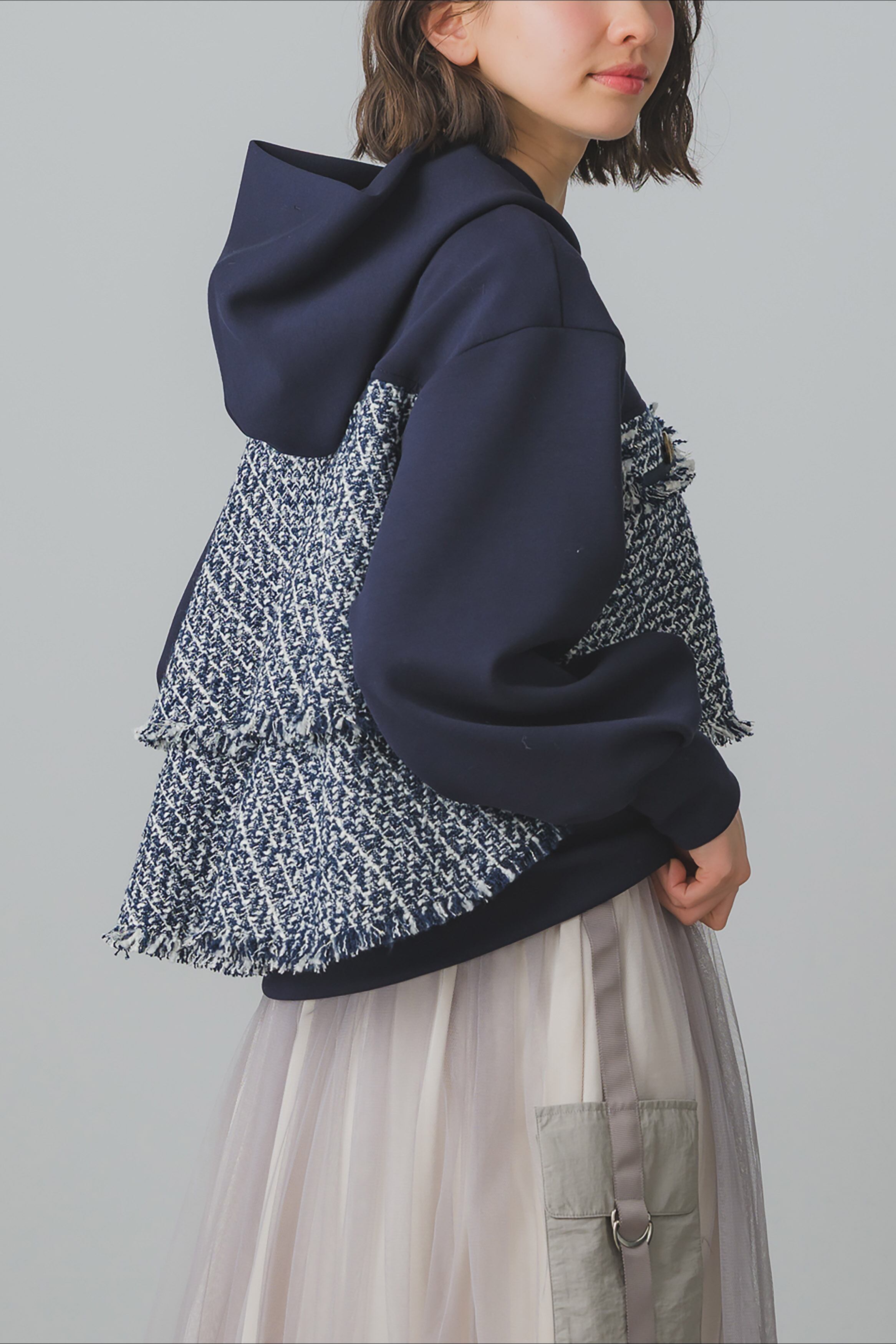 ☆ペイプン☆ダーマコレクション フリンジ ツイード カシミヤ混 ツイードコンビパーカー 70052-3103 | GALENA