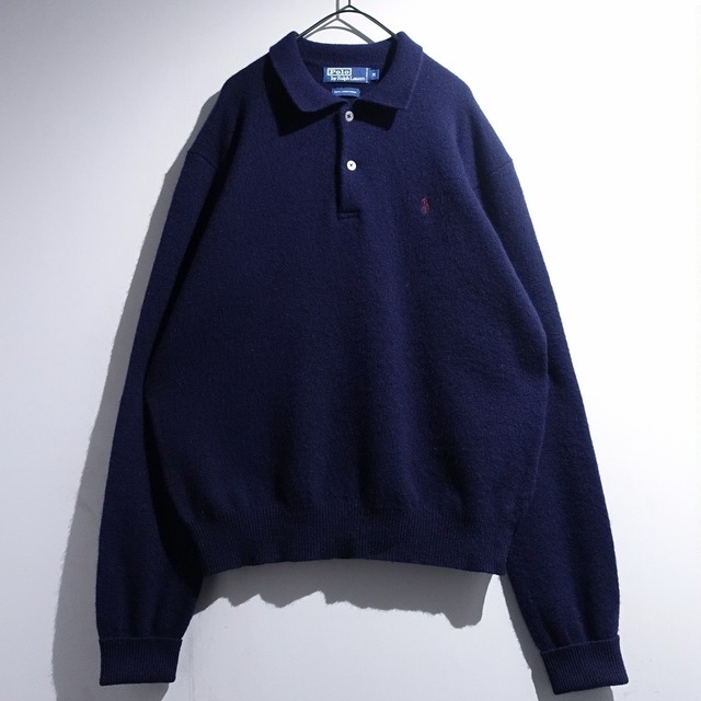 90s "Ralph Lauren" Navy Lamb Wool Knit Polo