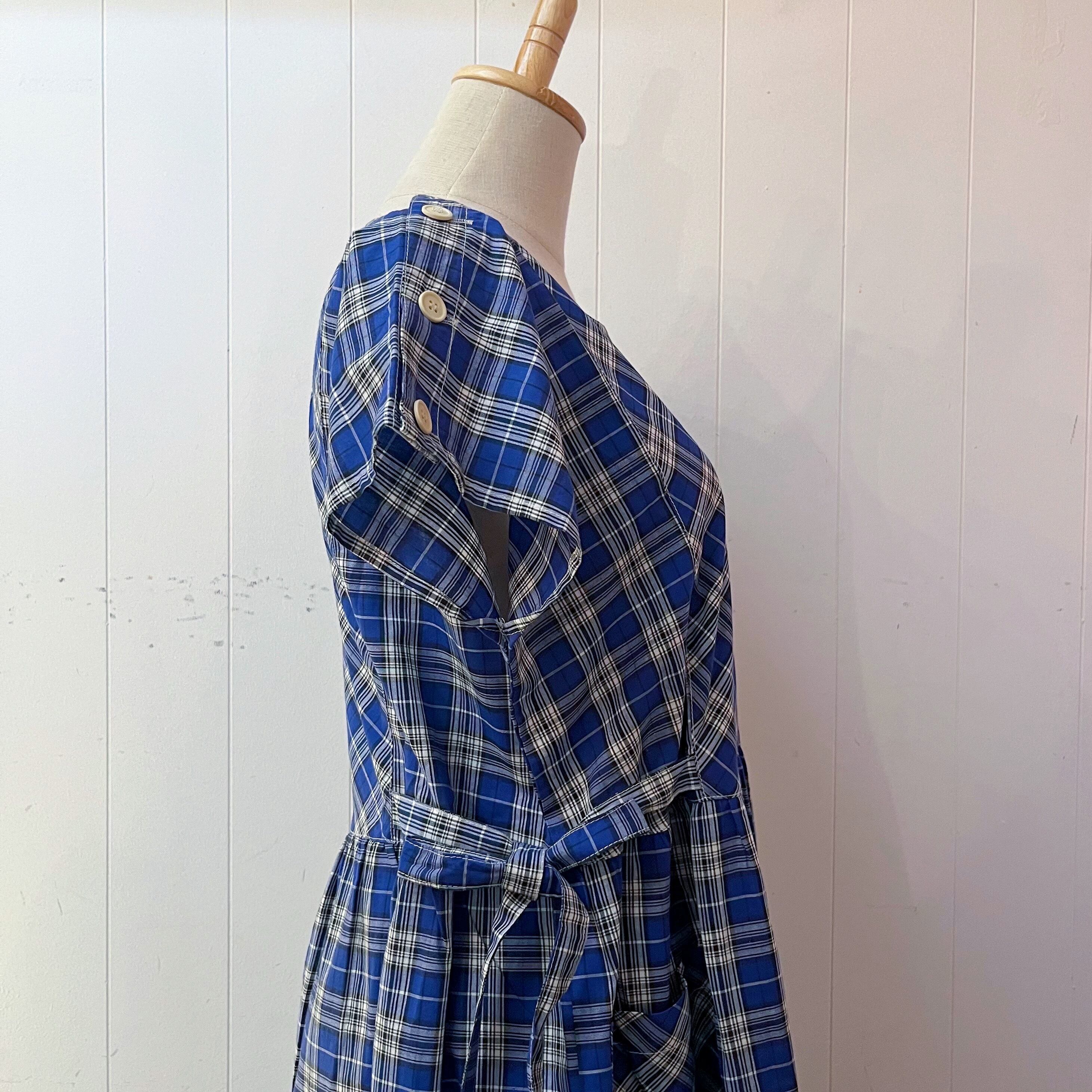 blue white check cotton one-piece