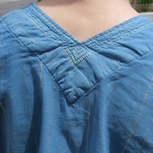 YURTAO】金ラメストライプ カシュクールブラウス＜藍染 淡色