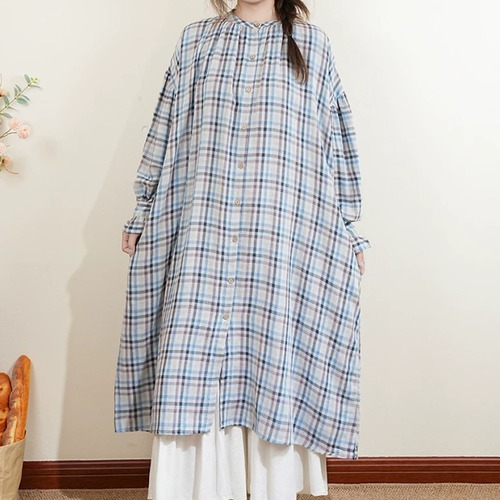 2色／チェック柄シャツロングワンピ ・12662
