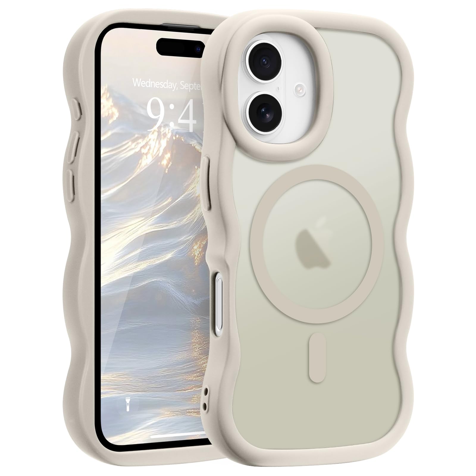 Pepmune iPhone 16用 ケース MagSafe対応 ウェーブ 半透明 かわいい うねうね ワイヤレス充電 防指紋(ライトグレイ)