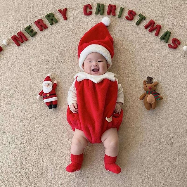 【冬作】帽子付きクリスマスバイブレッドロンパース