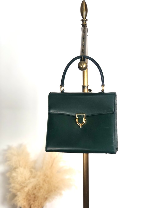 CELINE セリーヌ ハンドバッグ ダークグリーン ロゴ レザー フロントバックル vintage ヴィンテージ オールド c2gxe7