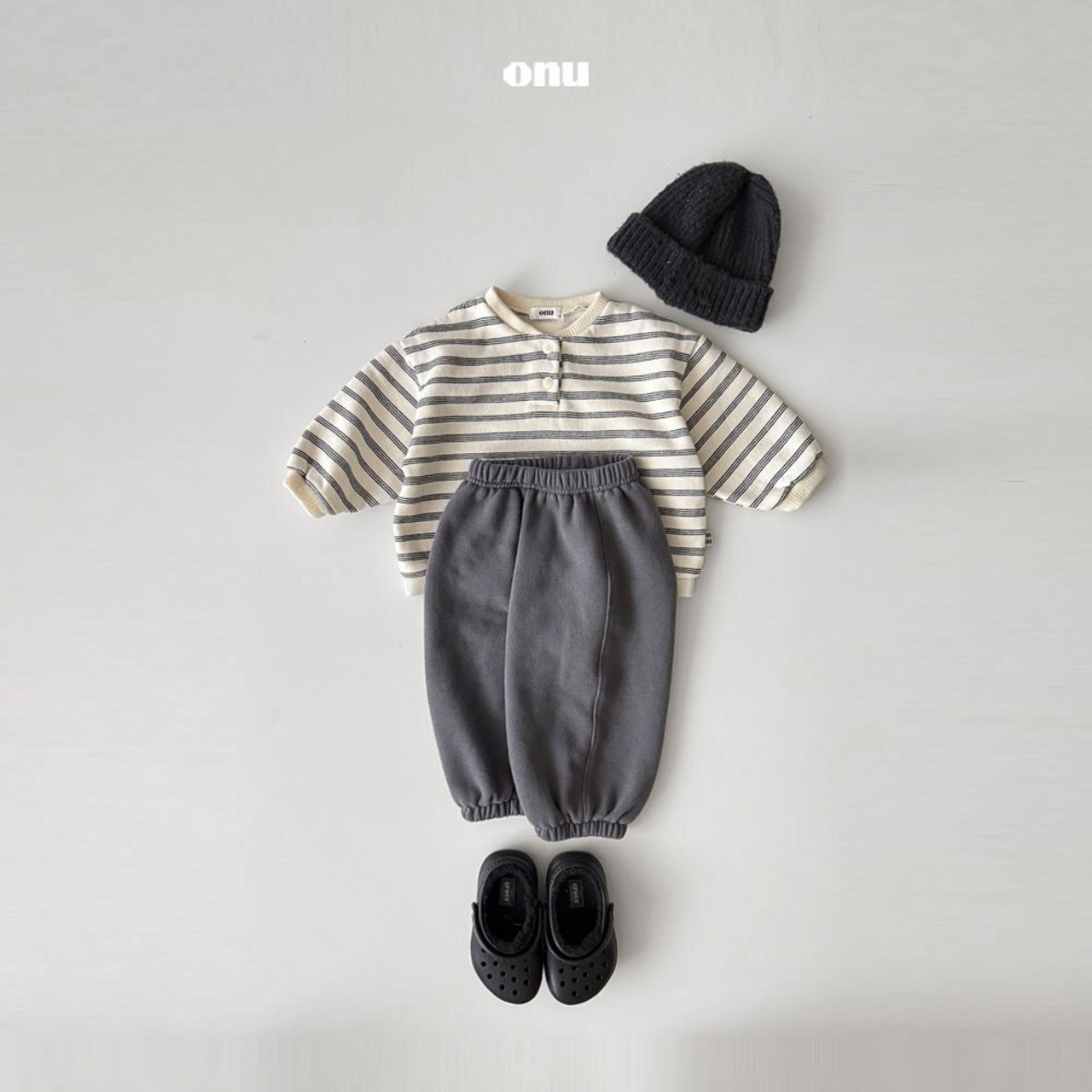 【即納】【ONU】ボーダーボタン裏起毛スウェット アイボリー 80〜120cm 2025 WINTER 韓国子供服 - 3