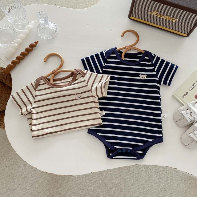 【BABY】くまモチーフストライプ半袖ロンパース - 11