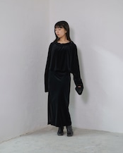 RITSUKO KARITA - Sheer Velour Gather Tops〔plain〕 :Black|透けベロア/ネックギャザー