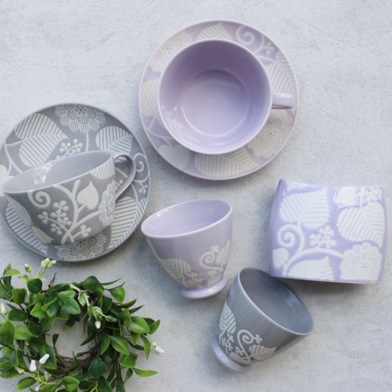 波佐見焼　15cmプレート　フロールブランシュ（グレー・ラベンダー）