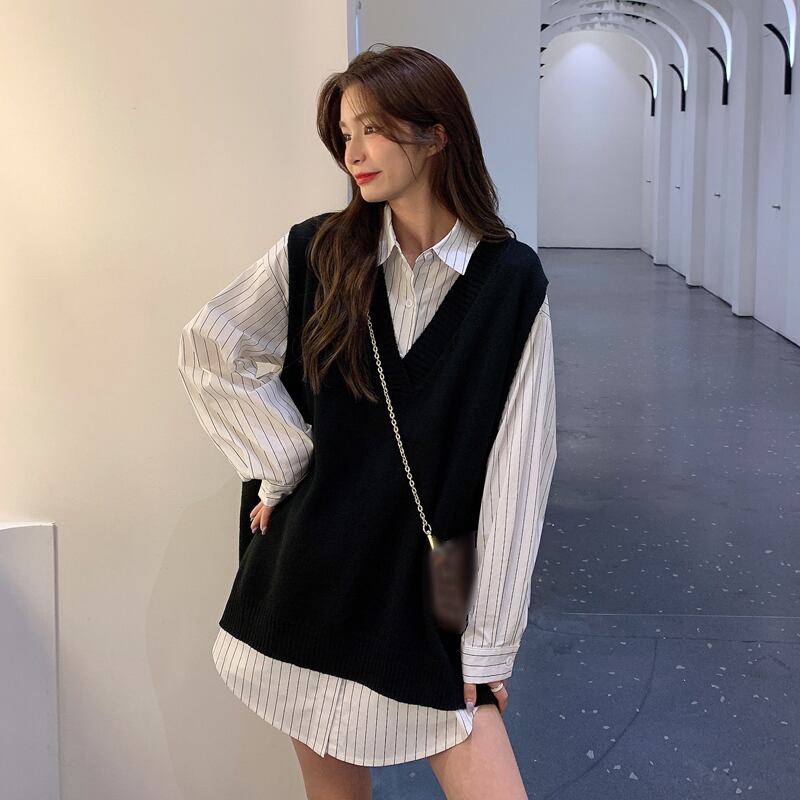 ルーズセーター スプリングオータムレッドVネックニット 春物 秋物 YY-ファッション85687852723