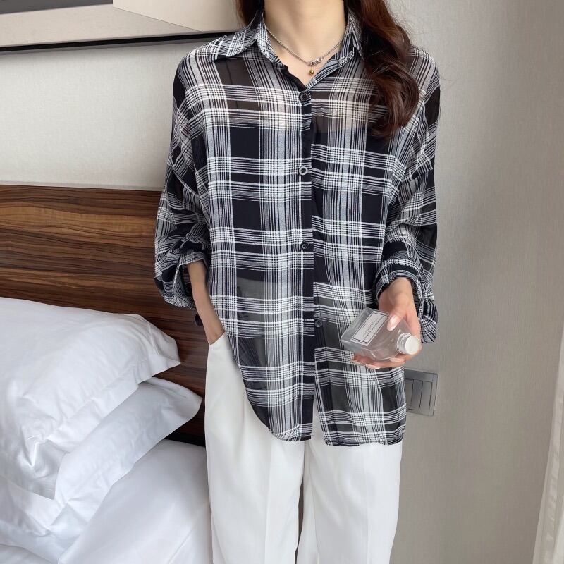 格子柄シャツ サマー薄手コート ルーズトップス ロング 夏物 1号婦人49934924708