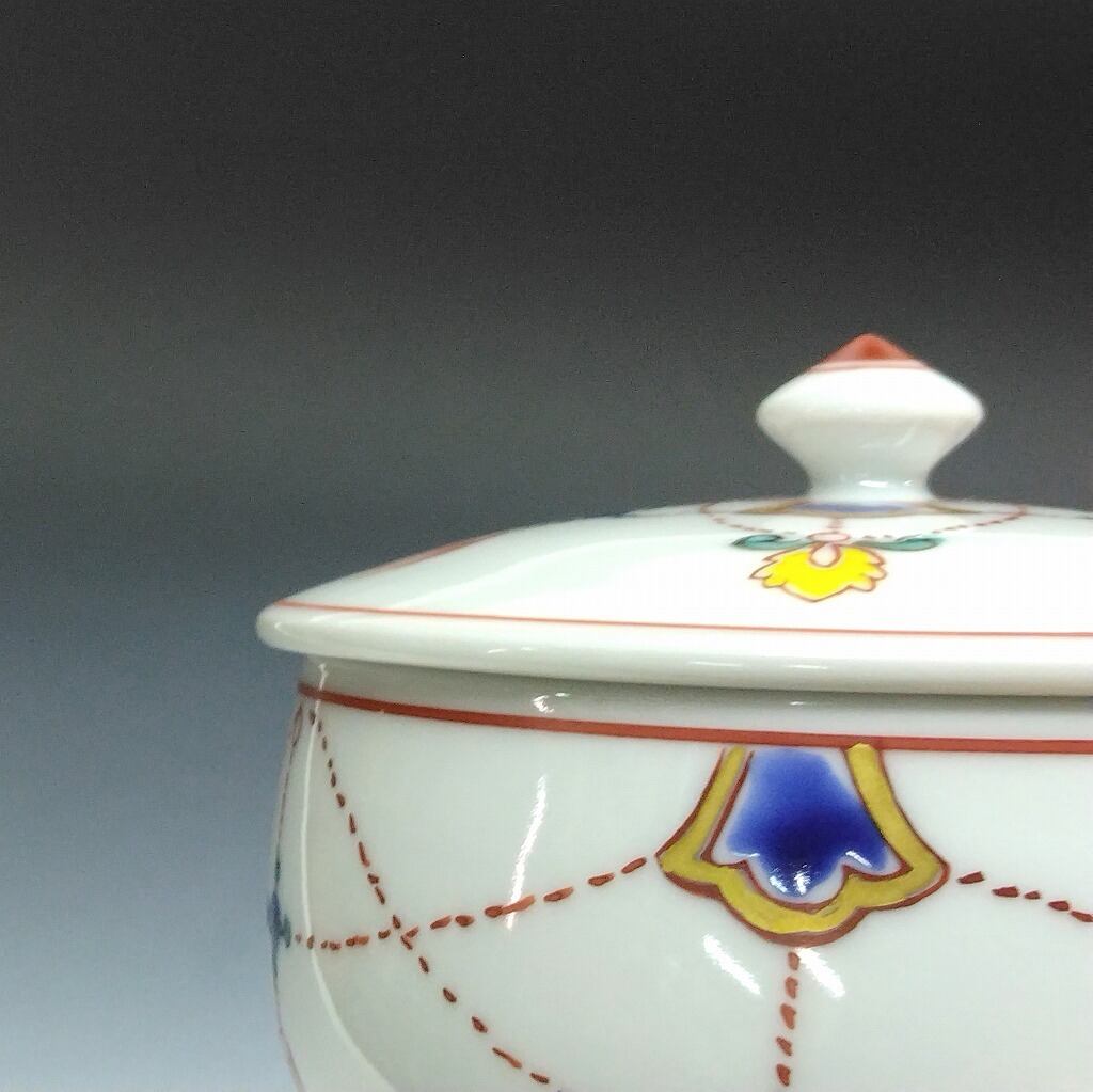 名窯 清水焼｜Kiyomizu ware( 京都 ) 手描き赤絵 瓔珞文 蓋茶碗 / 湯