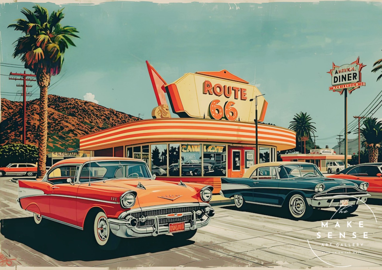Route 66 American Diner｜1950年代アメリカのレトロスピリットを描いたポスター｜自由と旅の記憶が香るヴィンテージインテリアA2ポスター