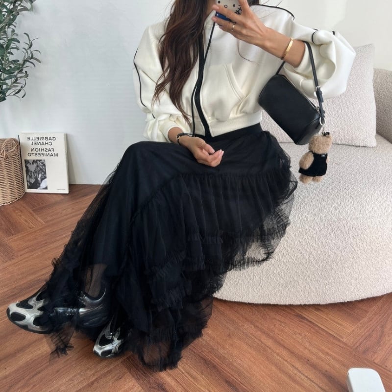 全3色/Side tiered tulle long skirt B4035 | Mbeaute