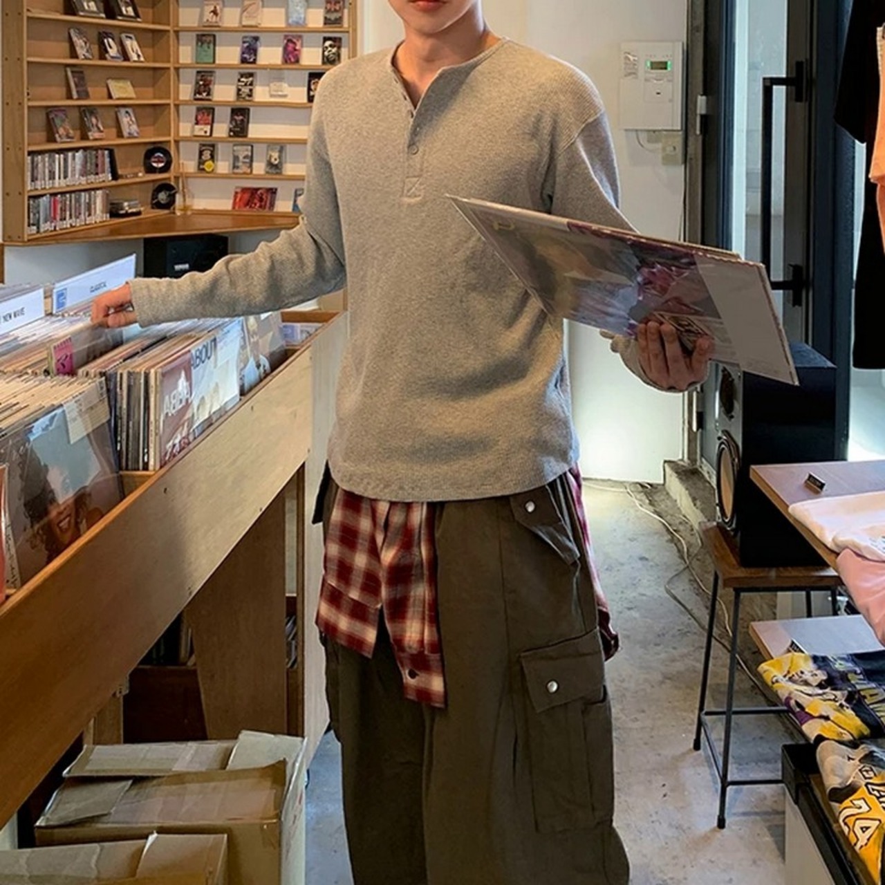 ワッフルヘンリーネックフィット長袖Tシャツ　1241