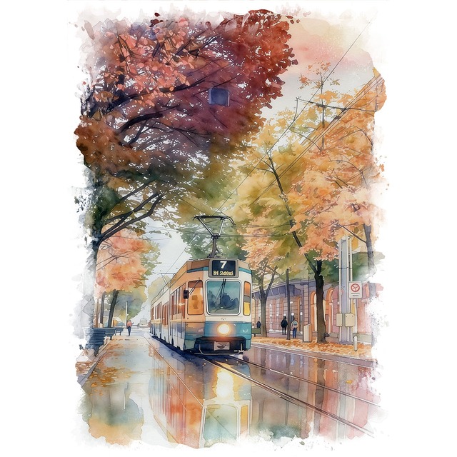 絵画 スイス 風景画(街並み) 秋のチューリッヒと路面電車 インテリアアート額付き 水彩画・油絵調 WAT0320