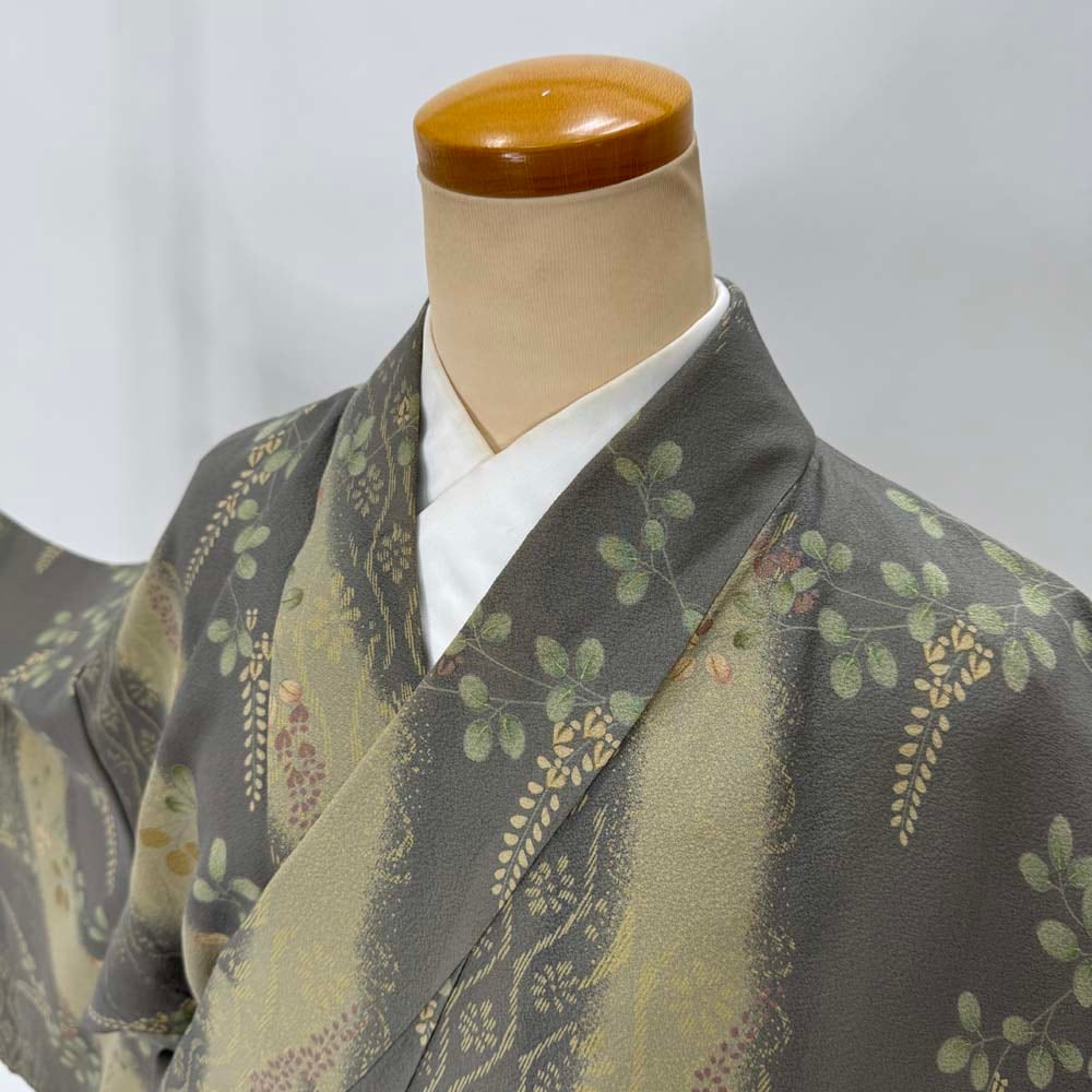 小紋 単衣 洗える着物 裄63.8cm 身丈149.7cm 花柄 お洒落着 普段着 ポリエステル 緑 美品 S サイズ 4619