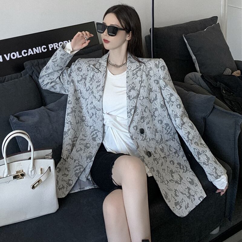 センスニッチイレギュラープリントスモールスーツジャケットレディース2020秋新作ルーズオールマッチスーツジャケット ブラックストロベリース12656884649