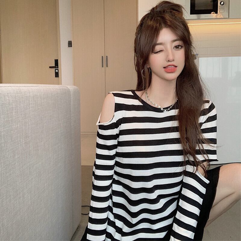 ストライプカラーラウンドネックプルオーバー ニットブラウス レディースサマールーズTシャツ トップス ロング 夏物 Oネック ガールズファッション68129591914