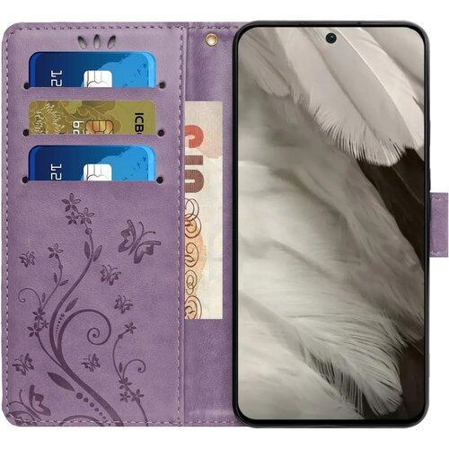 Pixel 9手帳ケース キラキラ きれい 純色 バタフライ胡蝶の印 TPU 花柄 カード入れPixel 9 財布カバー マグネット式 スタンド機能 横開きスタンド 保護 グーグルピクセル9 ケース手帳型 ストラップ付き 装着やすい タッチペンプレゼント パープル Pixel 9 2705