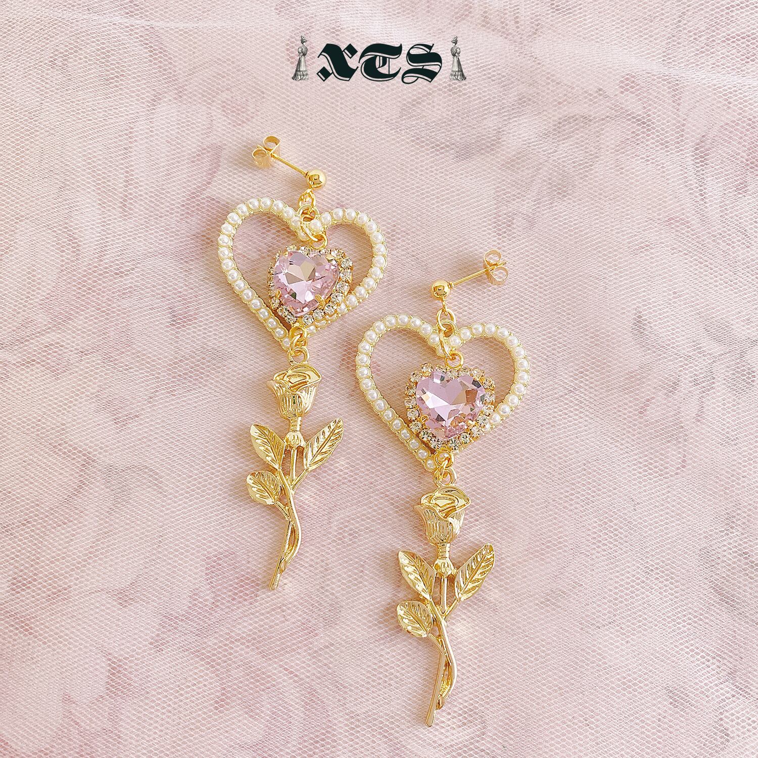 Pink & Pearl Heart Rose Pierce【TS0240】