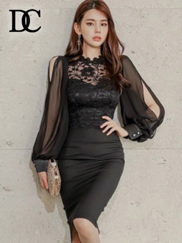 《プチプラ》ラウンドネックレースタイトドレス/キャバドレス