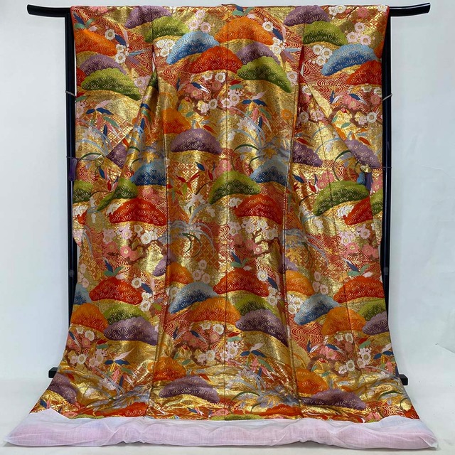 色打掛 正絹 鶴 刺繍 赤 金 打掛 Mサイズ 裄66 花嫁衣裳 婚礼 リサイクル 中古 ブライダル ウエディング 着物 3956